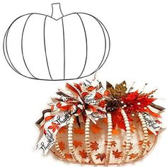 an orange and white pumpkin decorated with fall leaves, pearls and ribbon on a white background