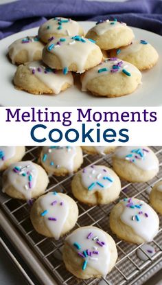 some cookies are on a cooling rack with sprinkles