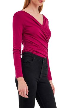 Move stylishly from the office to date night in this shapely shirred top styled with wrapped front-and-back detailing. 65% polyester, 30% rayon, 5% spandex Hand wash, line dry Imported Versatile Fitted Ruched Blouse, Ruched Fitted Blouse, Night Out Fitted Blouse With Ruched Detail, Elegant Spring Top With Ruched Sides, Chic Stretch Tops With Ruched Sides, Elegant Ruched Foldover Top, Chic Long Sleeve Twist Front Top, Chic Long Sleeve Top With Twist Front, Chic Ruched Tops For Work