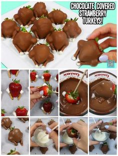 chocolate covered strawberries and marshmallows are being dipped with white chocolate