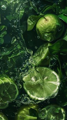 limes, leaves and water splashing on the surface in this image with green background