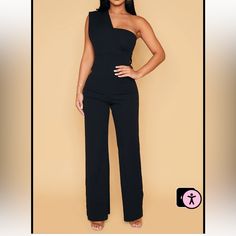 Black Jumpsuit With One Shoulder Black Spring Pantsuit For Date Night, Black Pantsuit For Spring Date Night, Black Pantsuit For Date Night In Spring, Chic Solid Color Party Pantsuit, Elegant One Shoulder Jumpsuit For Going Out, Elegant One-shoulder Jumpsuit For Going Out, Spring Black Pantsuit For Night Out, Black Pantsuit For Spring Night Out, Black Pantsuit For Night Out In Spring