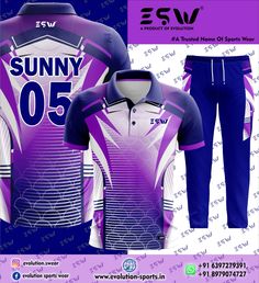 a purple and white uniform with the name sunny 05 on it's chest, two pants