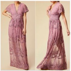 Lace All-Over Partially Lined V-Neck & Short Scalloped Sleeves With A Zip On The Back Perfect For Wedding Season ! Purple Short Sleeve Maxi Dress For Wedding, Purple Short Sleeve Wedding Dress, Spring Purple Lace Dress, Purple Lace Dress For Spring, Feminine Purple Lace Dress, Fitted Lavender Embroidered Dress, Mauve Short Sleeve Party Dress, Purple V-neck Dress With Floral Embroidery, Purple Lace Patchwork Summer Dress