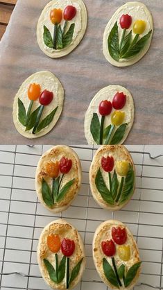 small sandwiches with flowers on them sitting on a cooling rack