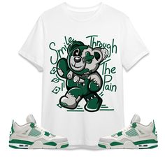 Smile Through The Pain BER Unisex Shirt Match Jordan 4 SB Pine Green Made to match your sneakers! * SHOES NOT INCLUDED * Regular fit Runs true to size 100% cotton Tracking information included! The screen on your device (computers, phone, and tablet, etc.) may display different colors and saturations from the actual garment. Also, the item colors may not be as saturated in person as they are displayed on your screen right now. We do our best to match our shirts as much as possible. ** Care Instr Green Cotton Sneakers For Streetwear, Green Cotton Streetwear Sneakers, Sporty Cotton Sneakers With Logo Print, Breathable Cotton T-shirt For Streetwear, White Cotton Sneakers With Graphic Print, Sporty Cotton Sneakers With Graphic Print, Breathable Cotton Sneakers For Streetwear, Breathable Casual T-shirt For Streetwear, Casual Green Cotton Sneakers