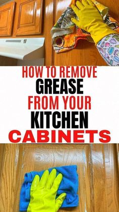 two pictures showing how to remove grease from your kitchen cabinets and the same cleaning products