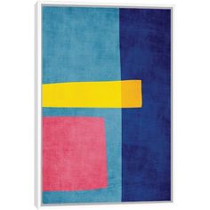 an abstract painting with blue, yellow and pink colors on the bottom half of it