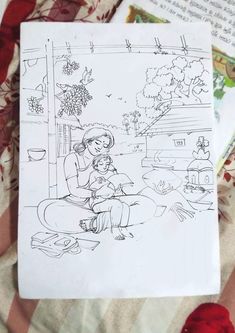 a drawing of a woman holding a child on top of a bed next to an open book