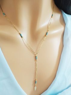 "Y Shaped Necklace Elegant .Bridesmaid gift, Bridal necklace, mothers day gift, wedding jewelry, Streamlined, Necklace: \"Y Shaped Turquoise Necklace set\" special trendy necklace. Consists of two chains to choose from: 1. Tiny turquoises choker / necklace. 14K gold filled necklace or Rose gold filled or Sterling Silver 925 2. Y Shaped Tiny Turquoise Necklace. 14K gold filled necklace or Rose gold filled or Sterling Silver 925 - Delicate sterling silver chain, components and findings. - Shown at Dainty Handmade Lariat Necklace With Dangle, Elegant Wire Wrapped Drop Necklace For Gift, Dainty Backdrop Necklace With Adjustable Length As Gift, Dainty Backdrop Necklace With Adjustable Length For Gift, Dainty Adjustable Backdrop Necklace For Gift, Elegant Adjustable Necklace For Mom, Elegant Blue Lariat Necklace Gift, Adjustable Dangle Backdrop Necklace For Gift, Adjustable Long Drop Backdrop Necklace For Gifts