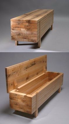 two pictures of a wooden bench made out of wood planks, one showing the top and bottom