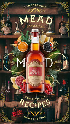 a bottle of mead next to some fruit and other items on a shelf with the words mead