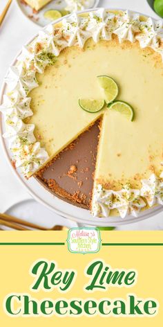 key lime cheesecake on a white plate with the words key lime cheesecake below it