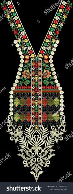 an embroidered design with flowers and leaves on black background, suitable to be used as a wall