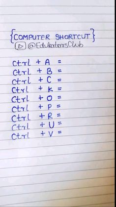 the computer shortcut is written in blue ink on top of lined notebook paper with cursive writing