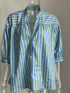 Pattern: 3D Effect Category: Shirt Size: S,M,L,XL,XXL Style: Loose Style Type: Japanese and Korean Leisure Neckline: V-neck Fashion Element: Tassel Style2: Pullover Material: Spandex Sleeve Style: Lantern Sleeve Sleeve Length: Short Sleeve Style: Casual Style Pattern Type: Tie Dye Striped Cotton V-neck Blouse, Blue Cotton V-neck Shirt, Striped V-neck Cotton Shirt, Striped Cotton V-neck Shirt, Spring Striped V-neck Shirt, Light Blue V-neck Summer Shirt, Striped V-neck Shirt For Summer, Striped Blouse For Summer Daywear, Blue Relaxed Fit Summer Blouse