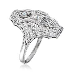 Ross-Simons - C. 1950 Vintage .15ct t. w. Diamond Heart Filigree Ring in 18kt White Gold. Size 6. C. 1950. Show off your impeccable taste with this fantastic ring from our Estate collection, featuring .15 ct. t. w. round brilliant-cut diamonds in heart stations and a sizable silhouette that will remind your admirers of its Retro-era origins. Finished with filigree openwork as lovely as lace. 3/4" wide. Diamond heart filigree ring. Exclusive, one-of-a-kind Estate Jewelry. Diamond birthstones are Estate Style Diamond Cut Rings For Formal Occasions, Estate Rings With Prong Setting For Formal Occasions, Estate Style Formal Rings With Prong Setting, Estate Style White Gold Diamond Ring For Formal Occasions, Vintage 14k White Gold Jewelry For Anniversary, Estate Style Silver Diamond Ring For Anniversary, Estate Jewelry With Diamond Cut For Formal Occasions, Formal Estate Rings With Prong Setting, Estate Style Platinum Rings For Anniversary