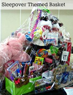 a basket filled with lots of items sitting on top of a table