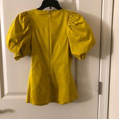 Buff Sleeve Poplin Blouse Yellow Padded Blouse For Party, Fitted Yellow Padded Top, Yellow Cotton Puff Sleeve Tops, Chic Mustard Short Sleeve Top, Mustard Fitted Tops For Work, Fitted Mustard Top For Work, Yellow Short Sleeve Blouse For Fall, Yellow Cotton Top For Party, Yellow Cotton Party Top