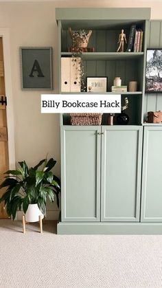 a green bookcase in the corner of a room next to a potted plant