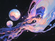 an abstract painting with blue, pink and white swirls in the air next to two planets