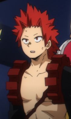 an anime character with red hair standing in front of two other characters, one staring at the camera