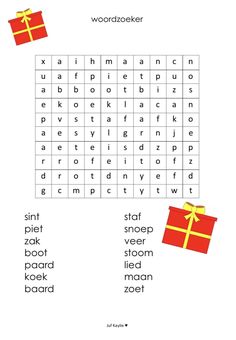 the word search is shown in red and yellow, with presents on top of it