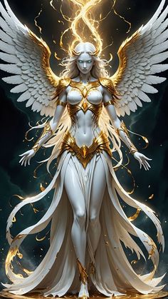 an angel with white wings and gold accents standing in front of a dark sky background