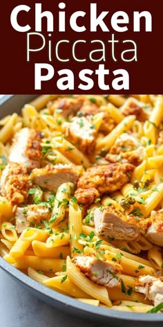 chicken piccata pasta in a pan with parmesan cheese on the side