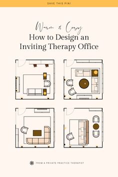 the front cover of a book with three rooms in it and text that reads how to design an inviting therapy office