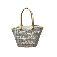 Our favorite medium sized mixed metal bag! This fully adorned silver and gold sequin straw bag is all about mixing and matching! This straw bag is hand woven with locally sourced Marrakech wicker palm straw. It has hand sewn silver and gold sequins. The handles are genuine gold leather and are also handcrafted by Moroccan artisans. This medium sized bag is very versatile. It can fit your towels and accessories for a day at the beach or by the pool, can be an eco-friendly alternative to plastic b Handwoven Gold Rectangular Straw Bag, Handwoven Rectangular Gold Straw Bag, Luxury Gold Straw Bag With Braided Handles, Gold Handwoven Tote Bag, Luxury Gold Straw Bag For Travel, Gold Straw Tote Bag, Silver Rectangular Bucket Bag For Shopping, Handmade Gold Straw Tote Bag, Luxury Gold Straw Bag For Summer