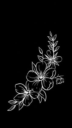 a black and white drawing of flowers on a dark background