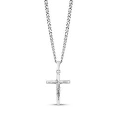 Crucifix cross pendant made out of stainless steel with a cuban link chain necklace. Product DetailsCross: 32 mm x 22 mm (1.26" x 0.87")Cross Thickness: 5 mm (0.2")Chain Width: 3.5 mm (0.14")Finish: Shiny Stainless Steel Crucifix Necklace With Adjustable Chain, Stainless Steel Cross Necklace With Chain, Crucifix Cross Necklace With Curb Chain For Gifts, Crucifix Cross Necklace With Curb Chain As Gift, Stainless Steel Crucifix Necklace With Silver Chain, Silver Cross Necklace With Figaro Chain, Crucifix Cross Necklace With Box Chain, Silver Cross Necklace With Curb Chain, White Gold Stainless Steel Crucifix Necklaces