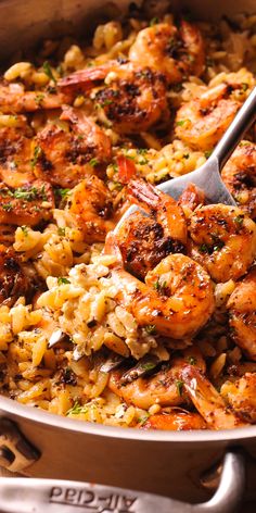 Shrimp orzo in a pan Recipes For Dinner Shrimp, Dinner Shrimp Recipes, Shrimp Orzo Pasta, Orzo Shrimp, Shrimp And Rice Casserole, Creamy Wine Sauce, Easy Seafood Dinner, Dinner Shrimp