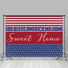 an american flag backdrop with the words sweet home and godless america in red, white, and blue