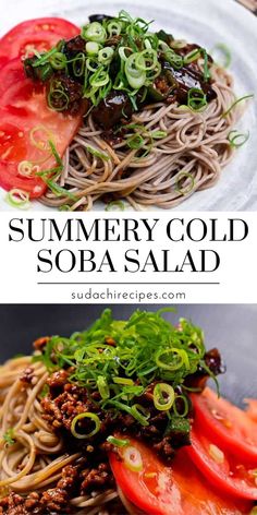 two plates filled with food and the words summery cold soba salad on top