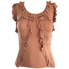 Beautiful TOM FORD for YVES SAINT LAURENT Rive Gauche YSL terra-cotta / tan jersey ruffle top! Simply slips over the head, and stretches to fit. Flattering ruffles throughout. Expertly well made, with heavy attention to detail. (93% Rayon, 7% Elastane) Can easily be dressed up or down. Great with jeans, shorts, trousers or a skirt. In great condition. Made in Italy Approximately Size Small / Medium (tons of stretch) Measurements: (plenty of stretch) 32-40 inch bust 24-33 inch waist Fitted Ruffled Sleeveless Tank Top, Fitted Sleeveless Blouse Vest With Ruffles, Fitted Ruffled Sleeveless Blouse Vest, Chic Fitted Vest With Ruffles, Fitted Sleeveless Top With Ruffles, Ysl Tom Ford, Frilly Blouse, Beige Blouse, Expensive Clothes