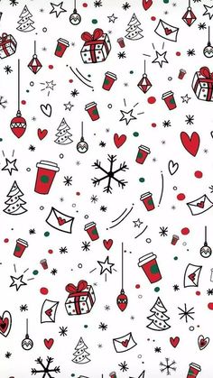 a white background with red and green christmas decorations on it's sides, including gifts