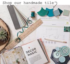 an assortment of crafting supplies on a table with the words shop our handmade tile