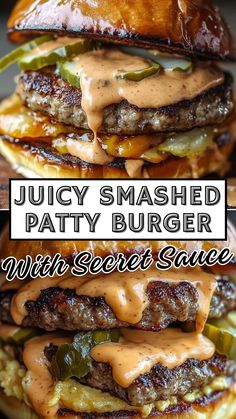 Juicy Smashed Patty Burger with Secret Sauce Secret Sauce Recipe For Burgers, Smash Burger Tips, Ground Beef Recipes Burgers, Burger Healthy Recipes, Ground Beef Burger Patties, Juicy Burger Recipe Stove, Bbq Smash Burger, Ground Beef Hamburgers, Skillet Hamburger Patties