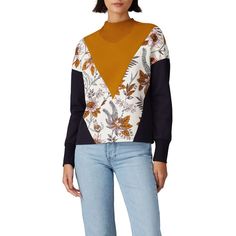 Black and orange printed knit (55% Cotton, 40% Polyester, 5% Elastane). Sweatshirt. Long sleeves. High neckline. 23" from shoulder to hemline. Imported. Colorblock Sweatshirt, Color Block Sweatshirt, Rent The Runway, Black And Orange, Closet Designs, White Sweatshirt, High Neckline, Scotch, Turtleneck Sweater