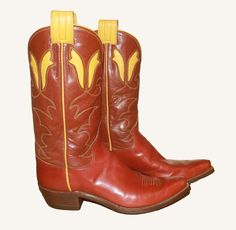 I collect cowboy boots from the early 1900's forward and I have aways favored the fancy inlaid hand made Western makers and Hyer boots were the originators and set the benchmarks others only copied. The lines are clean and simple, the inlays perfectly placed and finishing touches like matching piping and pull tabs tie it all together. Top grade leather inside and out, hand lasted and lemmonwood pegged, cowboy heaven that will tickle your socks. Fitted Vintage Boots With Goodyear Welted, Fitted Vintage Boots With Goodyear Welt, Retro Snip Toe Boots For Rodeo, Vintage Snip Toe Ranch Boots, Vintage Snip Toe Boots For Ranch, Vintage Goodyear Welted Boots For Fall, Vintage Snip Toe Boots For Western-themed Events, Retro Fitted Boots For Rodeo, Fitted Red Vintage Boots