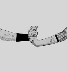 two hands holding each other in front of a gray background with black and white lines