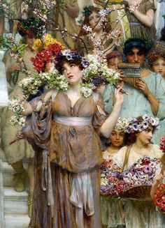 an image of a woman with flowers on her head and other women in dresses around her