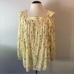 Nwt Chaps Yellow Floral Print Gauze Ruffle Detail Blouse L #5042 Yellow Feminine Blouse For Daywear, Yellow Feminine Blouse, Feminine Yellow Blouse For Daywear, Feminine Ruffled Blouse For Daytime, Spring Peasant Top With Ruffles For Daywear, Feminine Long Sleeve Blouse For Daytime, Floral Peasant Blouse, Georgette Tops, Tie Front Blouse