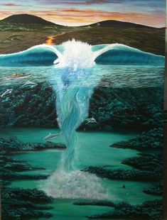 a painting of a waterfall coming out of the ocean with birds flying around it and mountains in the background