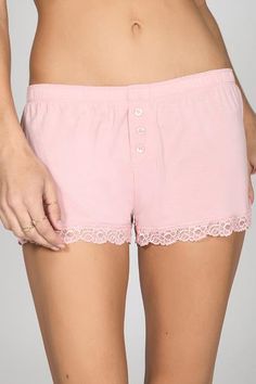 STYLE: The prettiest shorts with beautiful lace and button details that you will never want to change out of! FABRIC: Modal blend - 5% elastane CARE: Machine wash cold. Do not bleach. Tumble Dry Low. Do not Iron. Lace Loungewear, Pretty Shorts, Pink Lace, Unique Pieces, Bleach, Lounge Wear, Blush, Lace, Pink