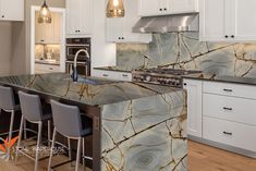 Quartzite Countertops- Transforming Spaces with this Stone Porcelain Tiles Kitchen, Top Kitchen Designs, Waterfall Countertop, Calacatta Quartz, Quartzite Countertops, Quartz Slab, Marble Flooring, Stone Countertops, Kitchen Tiles