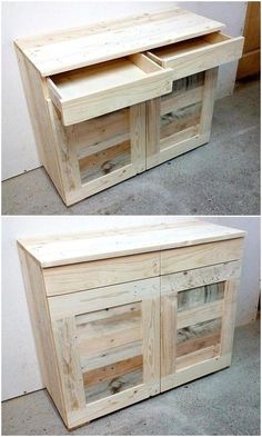 two pictures of the same sideboard made out of pallet wood, one is open and closed