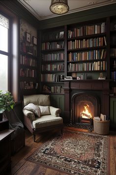 a living room filled with furniture and a fire place in front of a book shelf